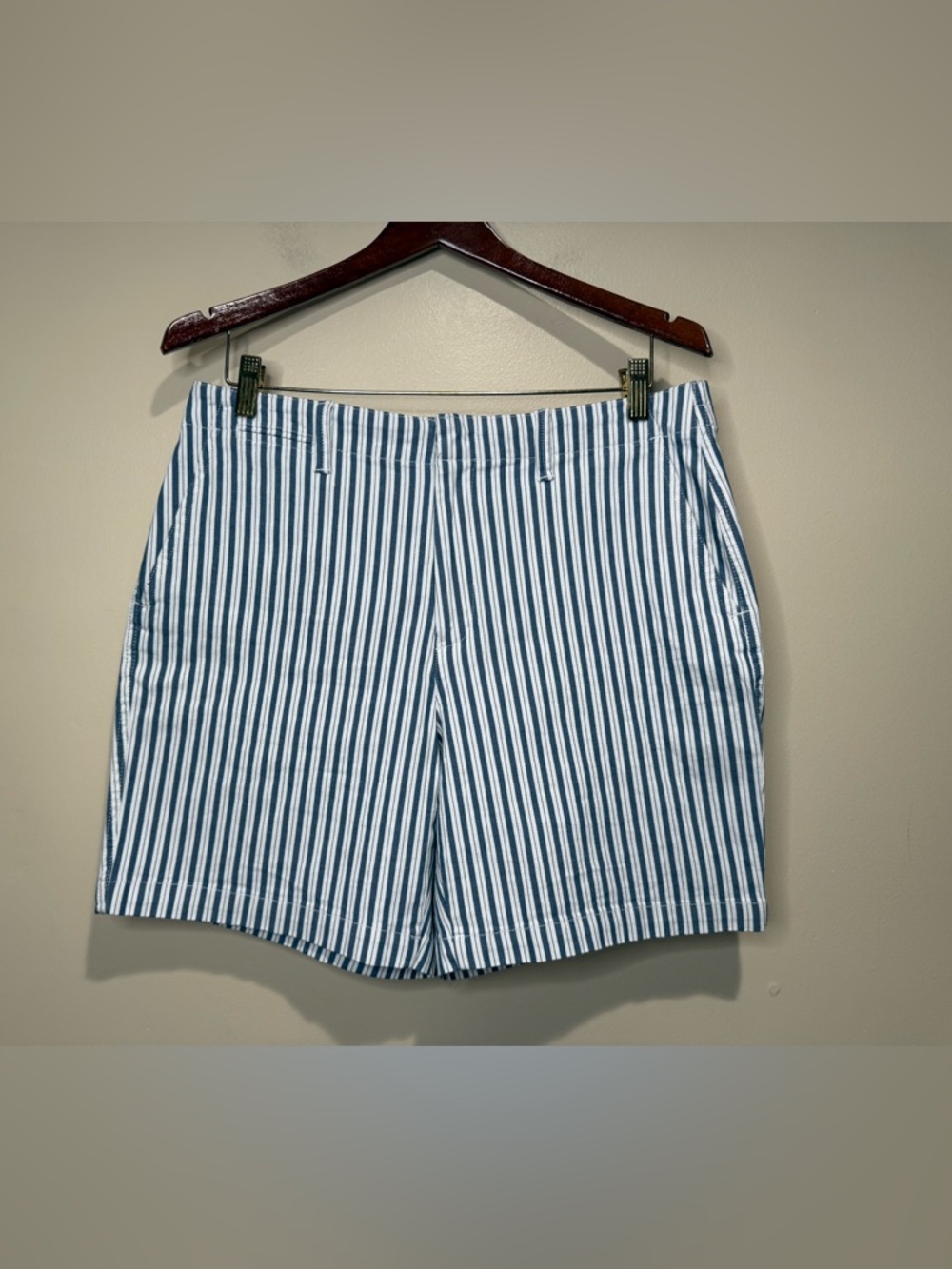 Lands End Shorts Womens 12 Blue White‎ vertical Striped Classic Fit Nautical